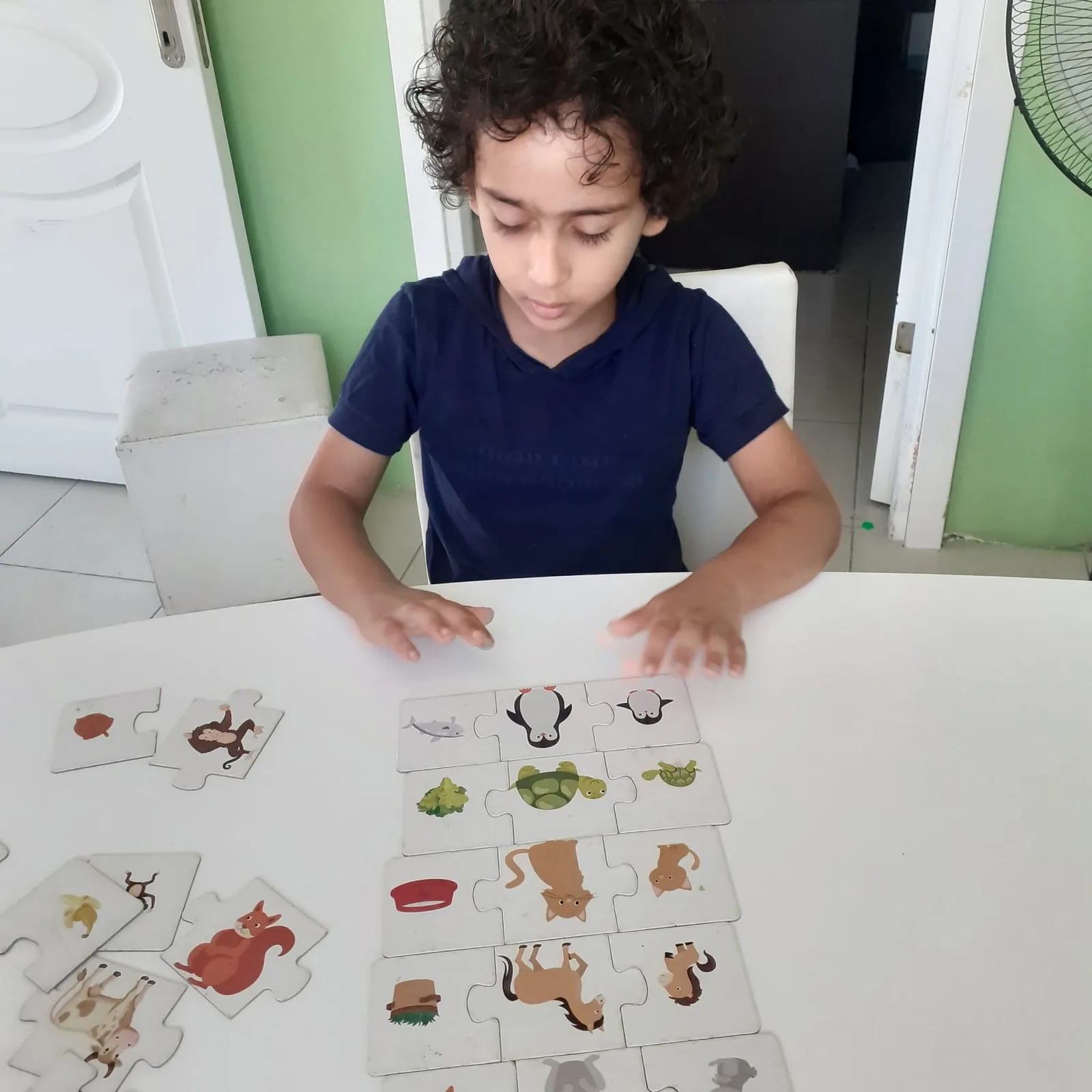 طفل يرتّب بطاقات مطابقة الصور خلال جلسة تدريبية